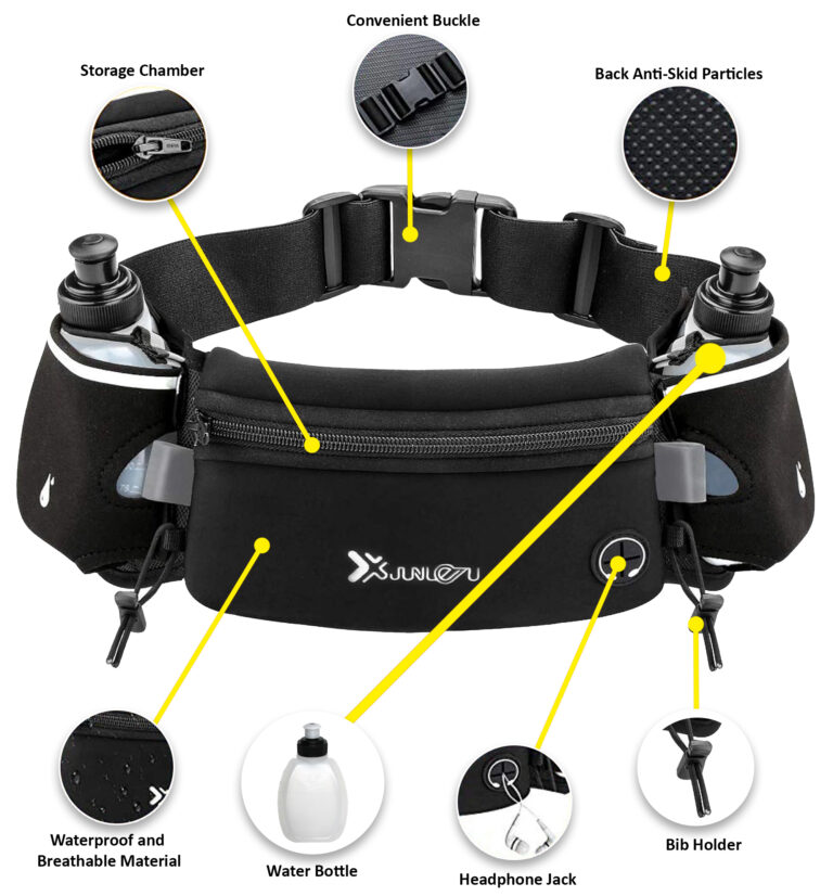 Running belt with water bottle, hands-free hydration for jogging and marathon training