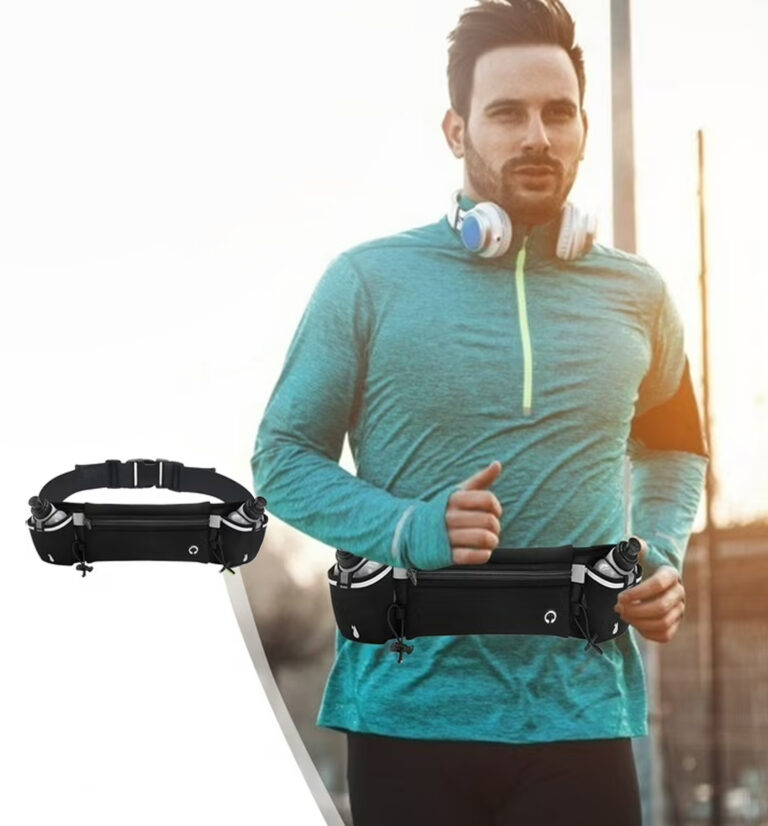 Running belt with water bottle, hands-free hydration for jogging and marathon training