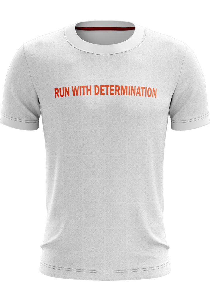 White T-shirt with orange text reading "Run With Determination" and rickshaw paint all over the body.