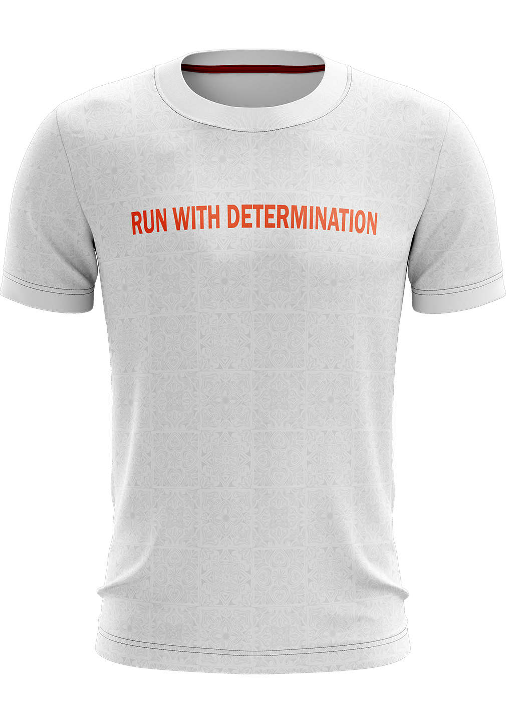 White T-shirt with orange text reading "Run With Determination" and rickshaw paint all over the body.