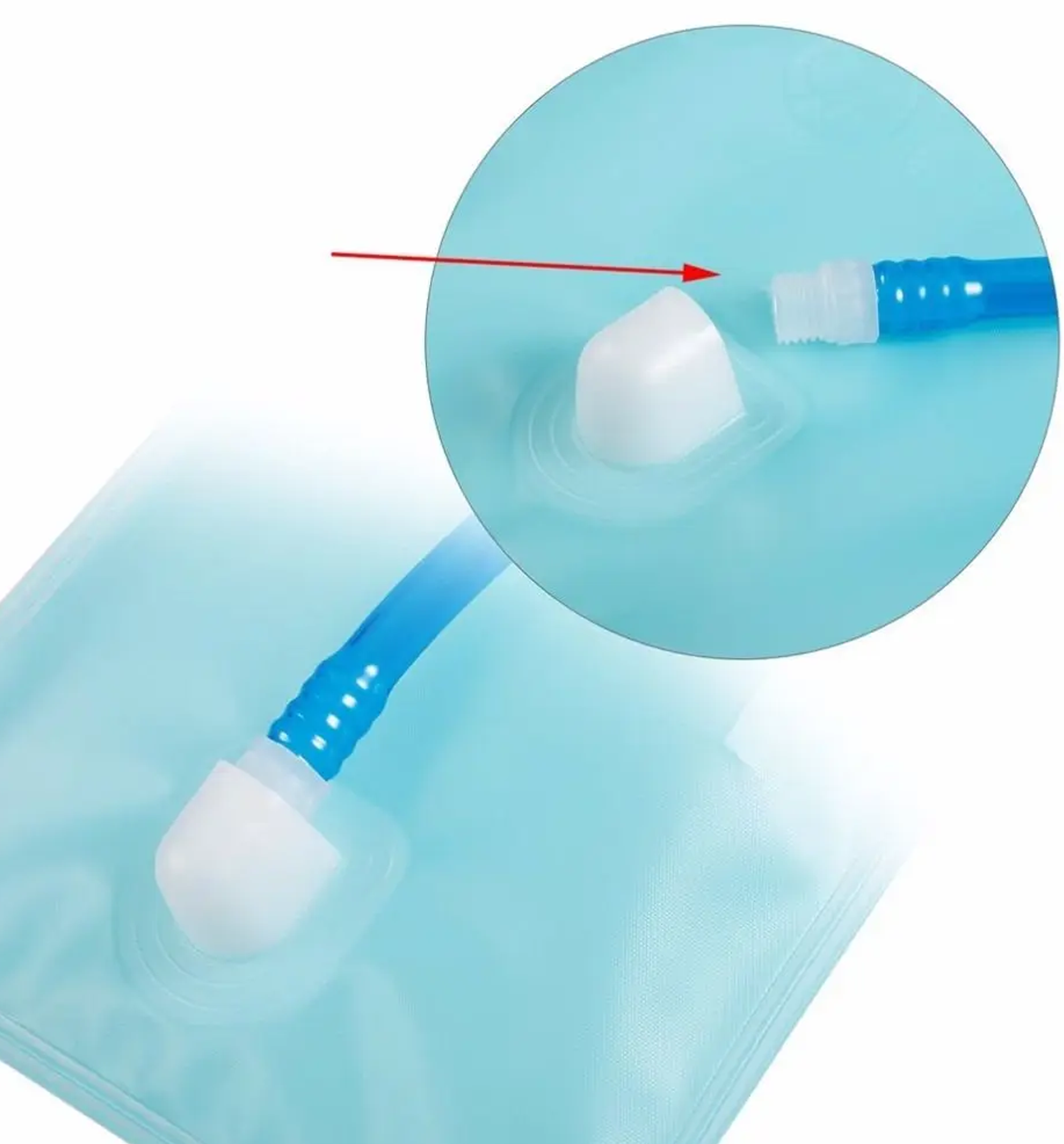 1L transparent aqua hydration bladder with blue drinking tube, cap, and bite valve