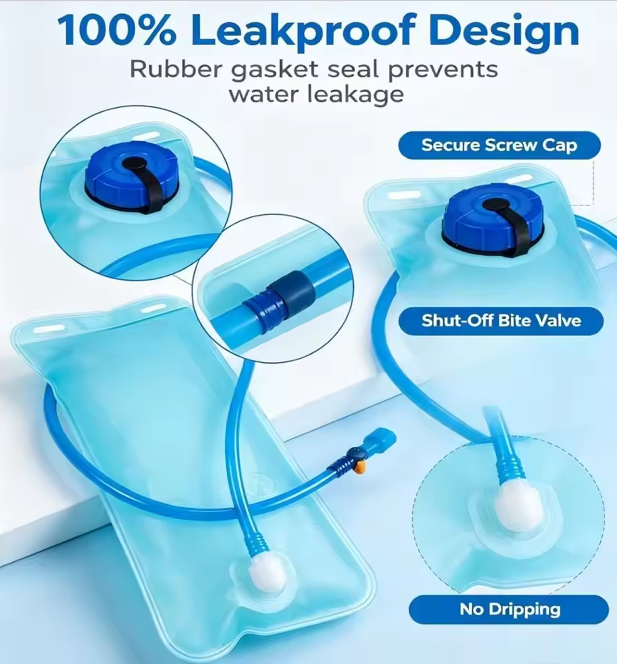 1L transparent aqua hydration bladder with blue drinking tube, cap, and bite valve