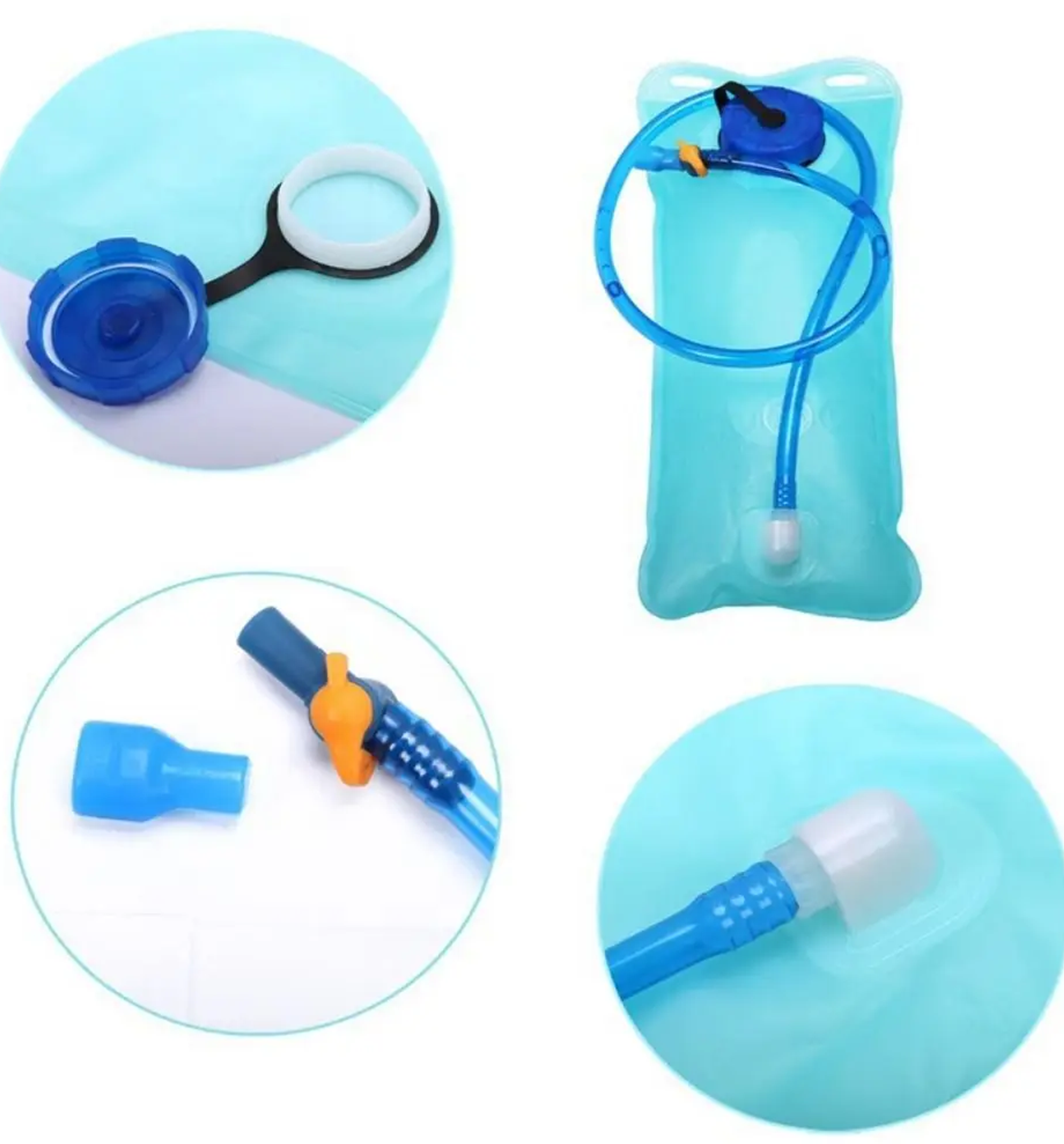 1L transparent aqua hydration bladder with blue drinking tube, cap, and bite valve
