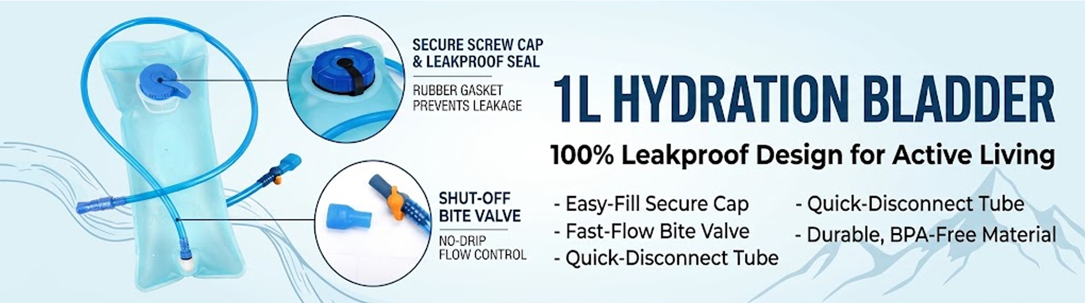 1L transparent aqua hydration bladder with blue drinking tube, cap, and bite valve