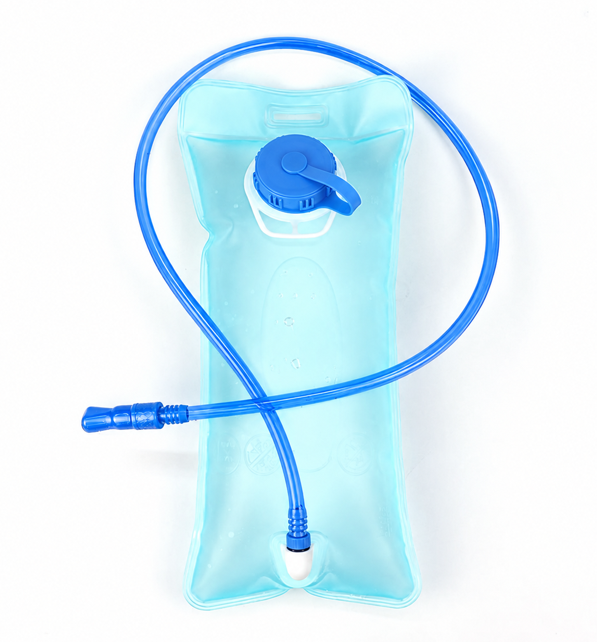 1L transparent aqua hydration bladder with blue drinking tube, cap, and bite valve