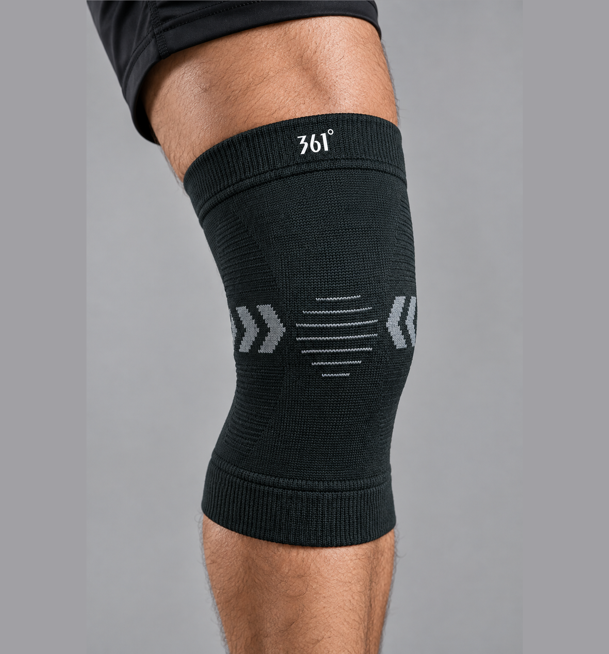 361° black sports knee support compression sleeve with breathable elastic fabric for running, gym and sports