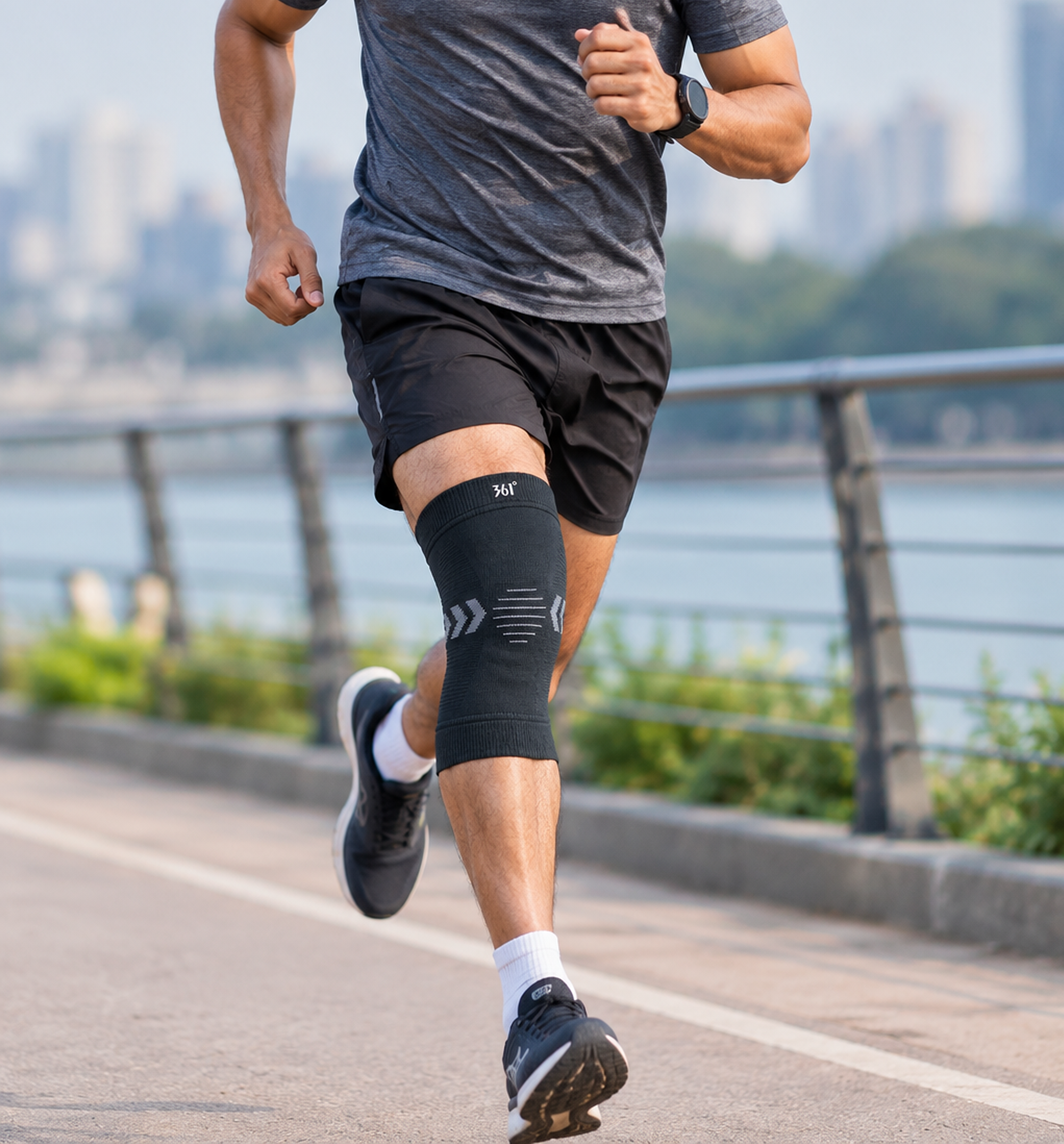 361° black sports knee support compression sleeve with breathable elastic fabric for running, gym and sports
