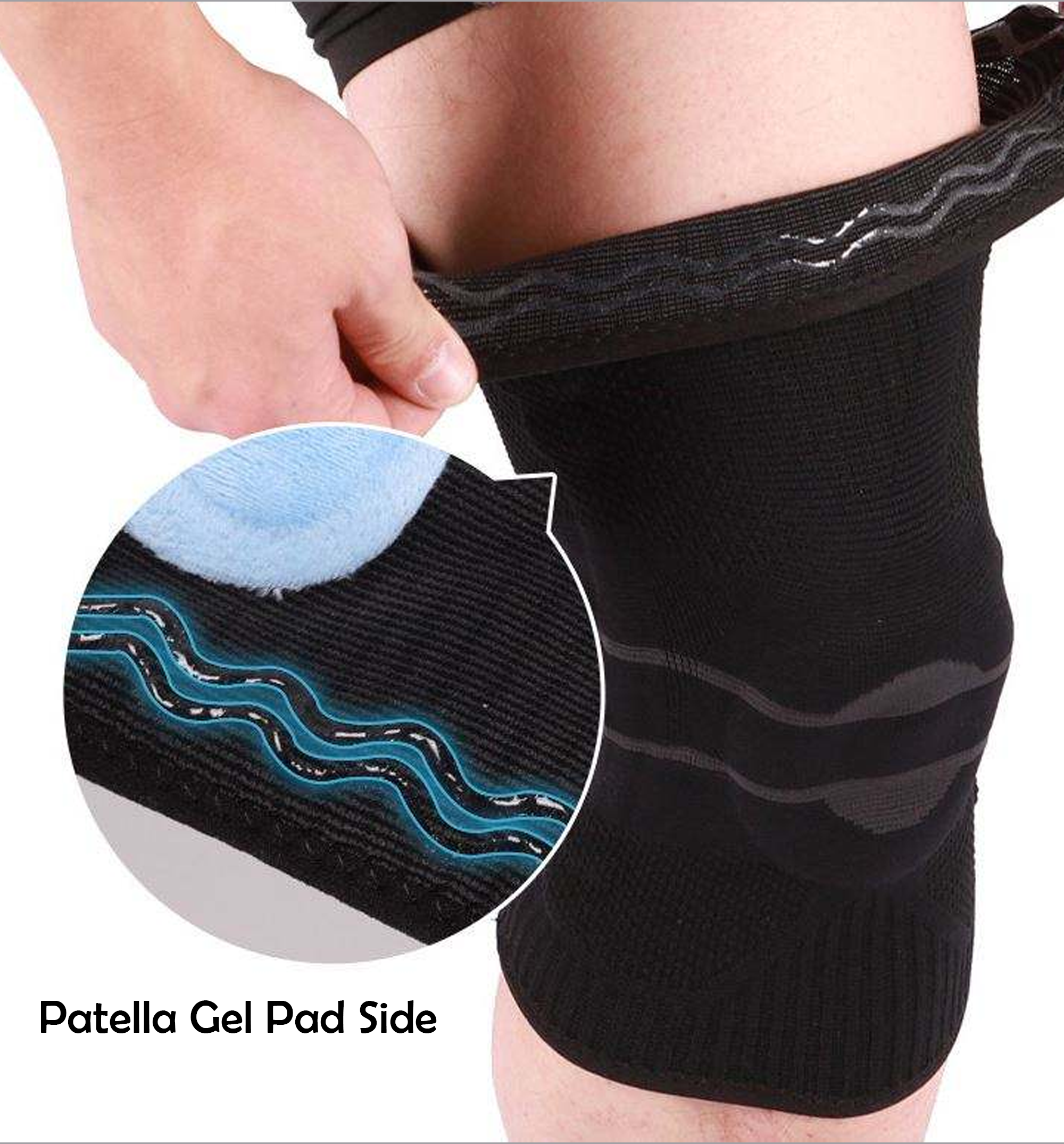 361° black sports knee support compression sleeve with breathable elastic fabric for running, gym and sports