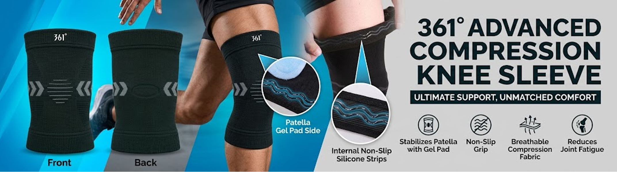 361° black sports knee support compression sleeve with breathable elastic fabric for running, gym and sports