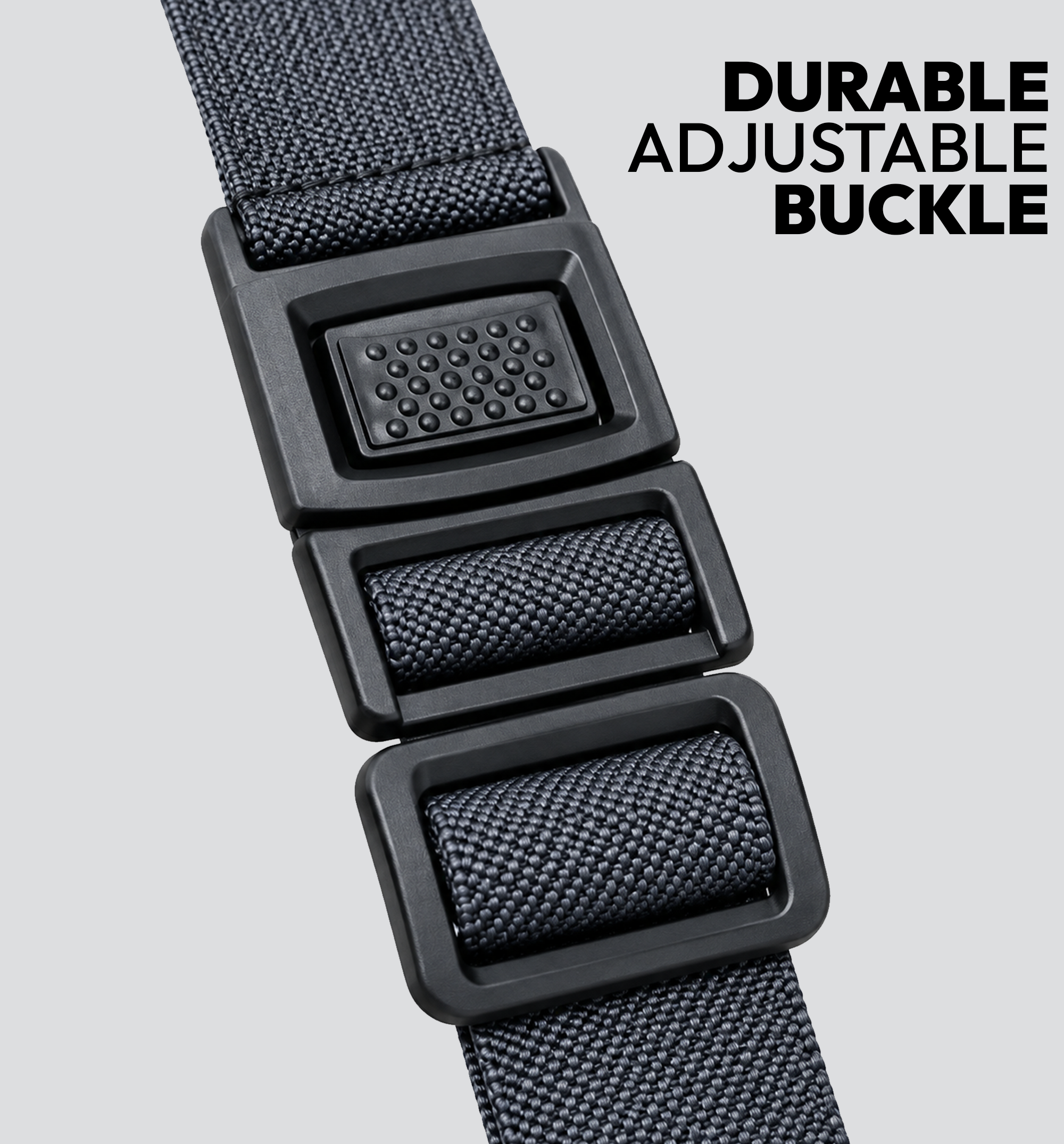 Adjustable Race Bib Holder Belt-2 Close-up of the Race Bib Belt Pro adjustable buckle showing its secure fastening and charcoal grey webbing.