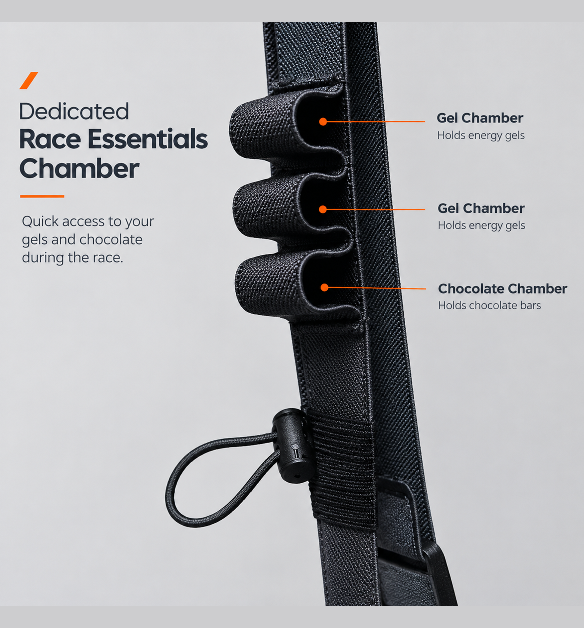 Adjustable Race Bib Holder Belt-3 Close-up of three elastic race essentials chambers on the Race Bib Belt Pro for carrying energy gels, chocolate bars, and small race essentials.