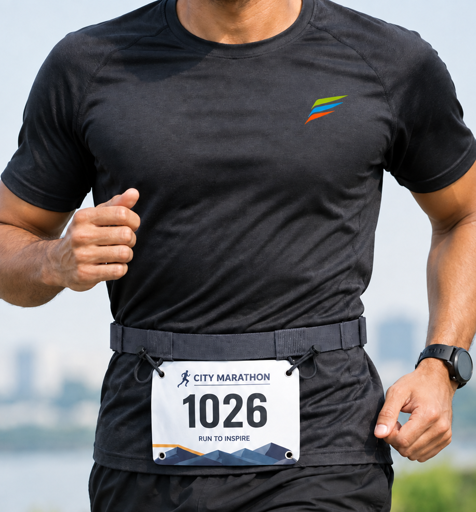 Runner wearing a charcoal grey Race Bib Belt Pro with a race bib securely attached and elastic chambers positioned at the waist.