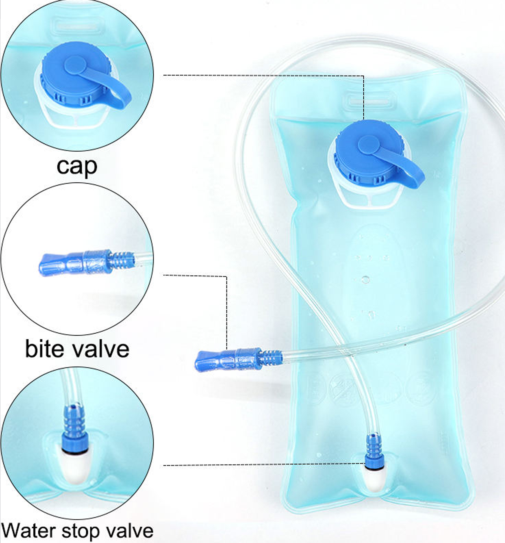 1L transparent aqua hydration bladder with blue drinking tube, cap, and bite valve