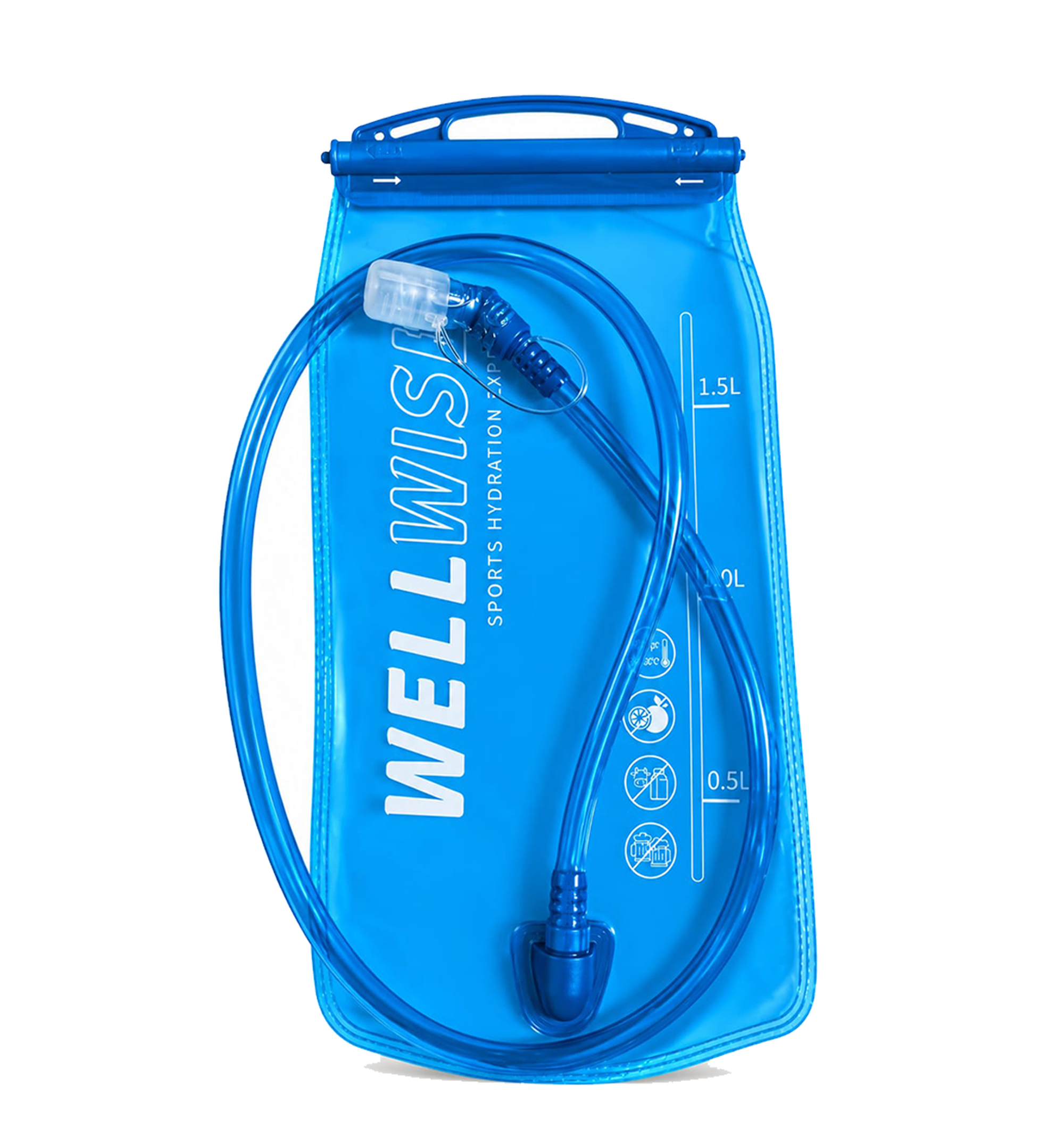 WellWise 1.5L blue hydration bladder with high flow bite valve, flexible drinking tube and secure sliding seal for running, cycling and hiking