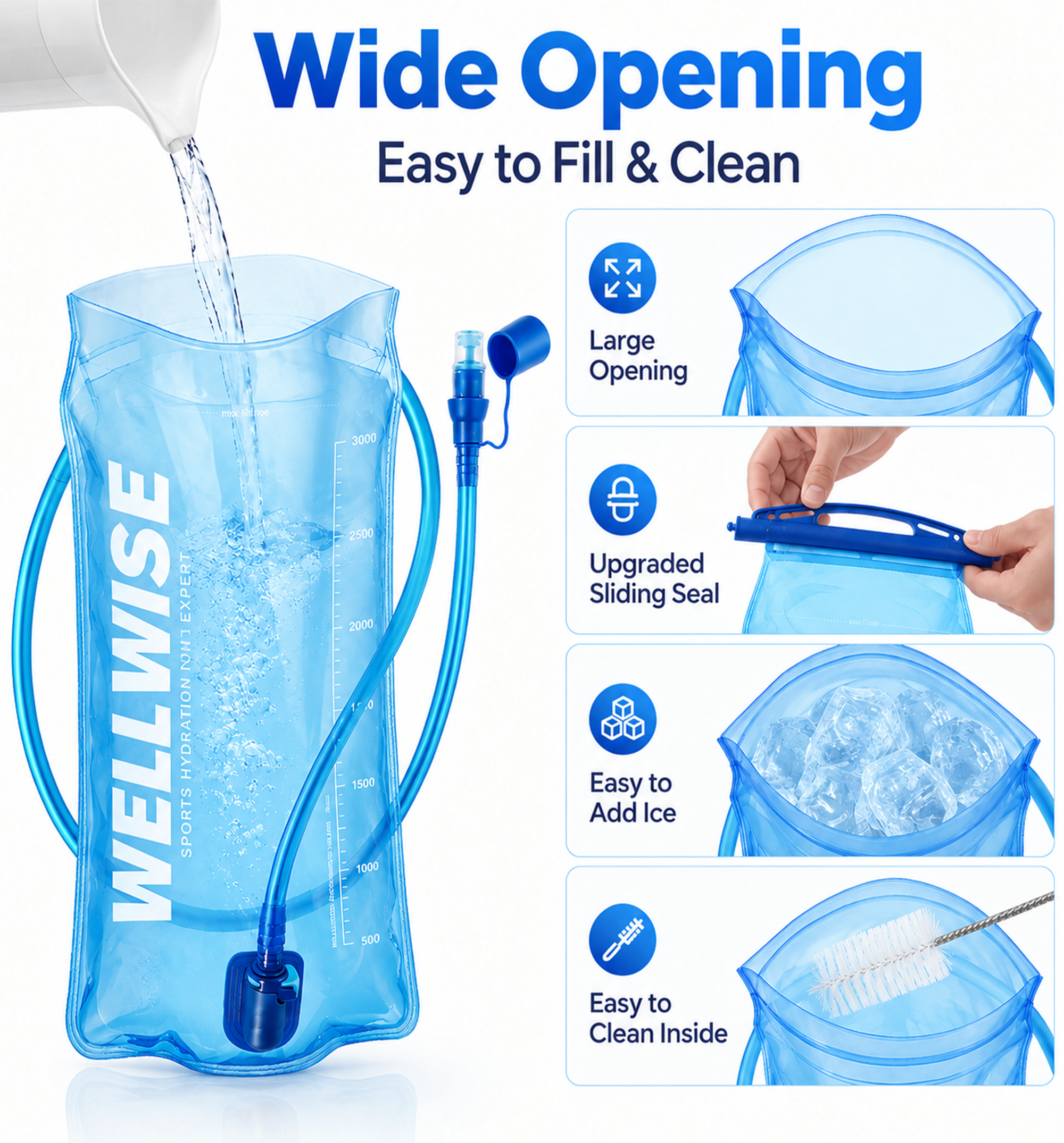WellWise 1.5L blue hydration bladder with high flow bite valve, flexible drinking tube and secure sliding seal for running, cycling and hiking