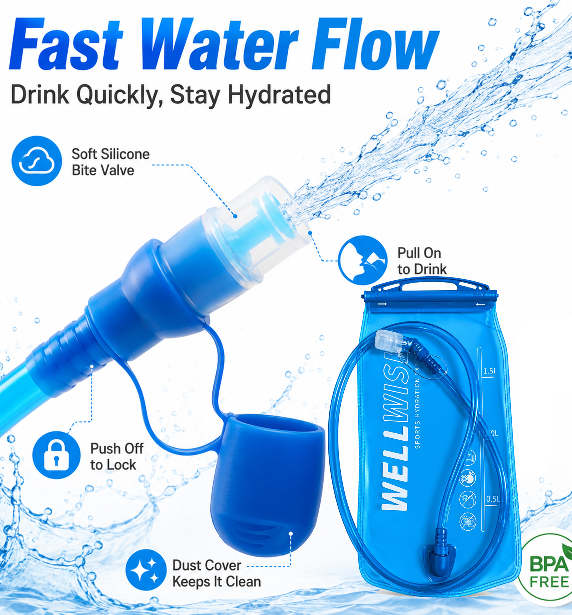 WellWise 1.5L blue hydration bladder with high flow bite valve, flexible drinking tube and secure sliding seal for running, cycling and hiking