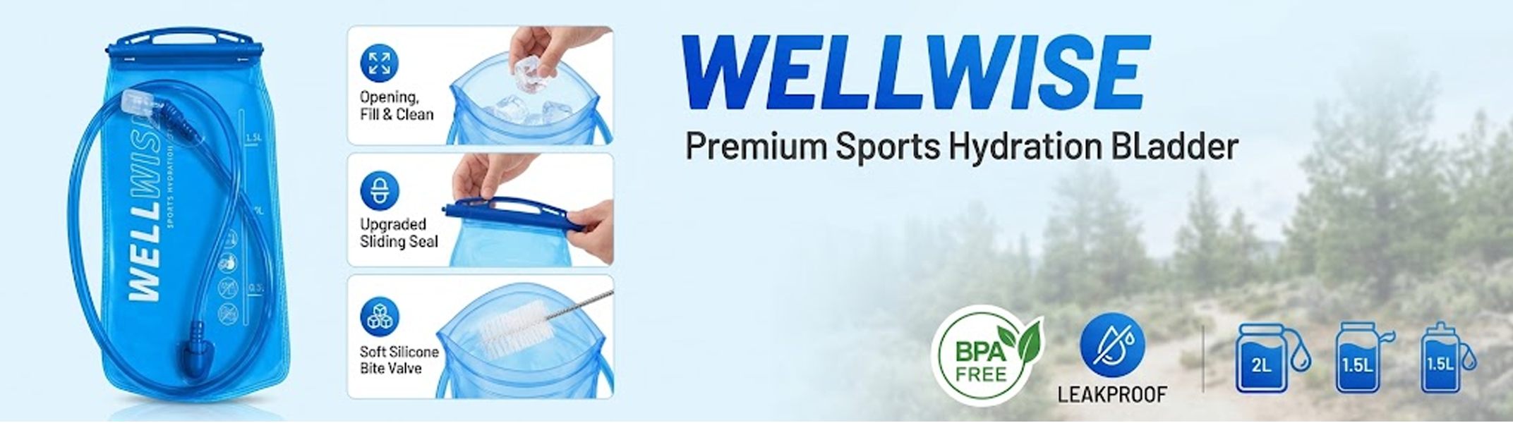 WellWise 1.5L blue hydration bladder with high flow bite valve, flexible drinking tube and secure sliding seal for running, cycling and hiking