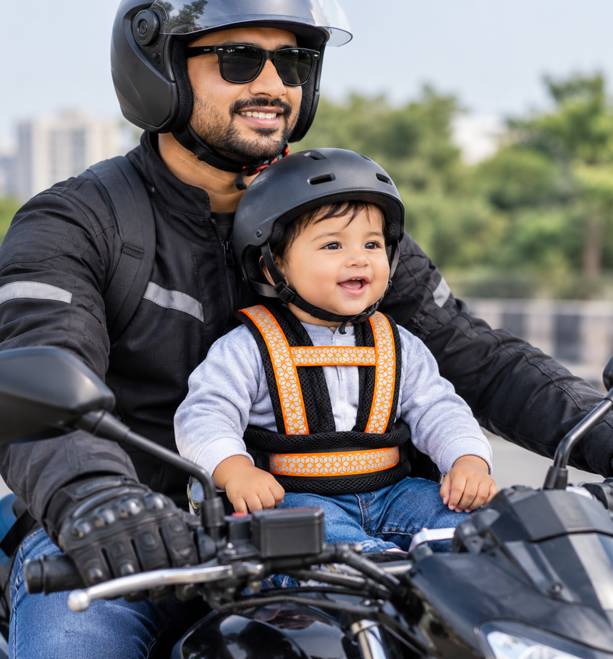 A happy toddler wearing a helmet and safety harness securely attached to an adult rider on a motorcycle.