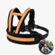 Black and orange breathable mesh baby motorcycle safety belt with reflective strips and secure buckles.