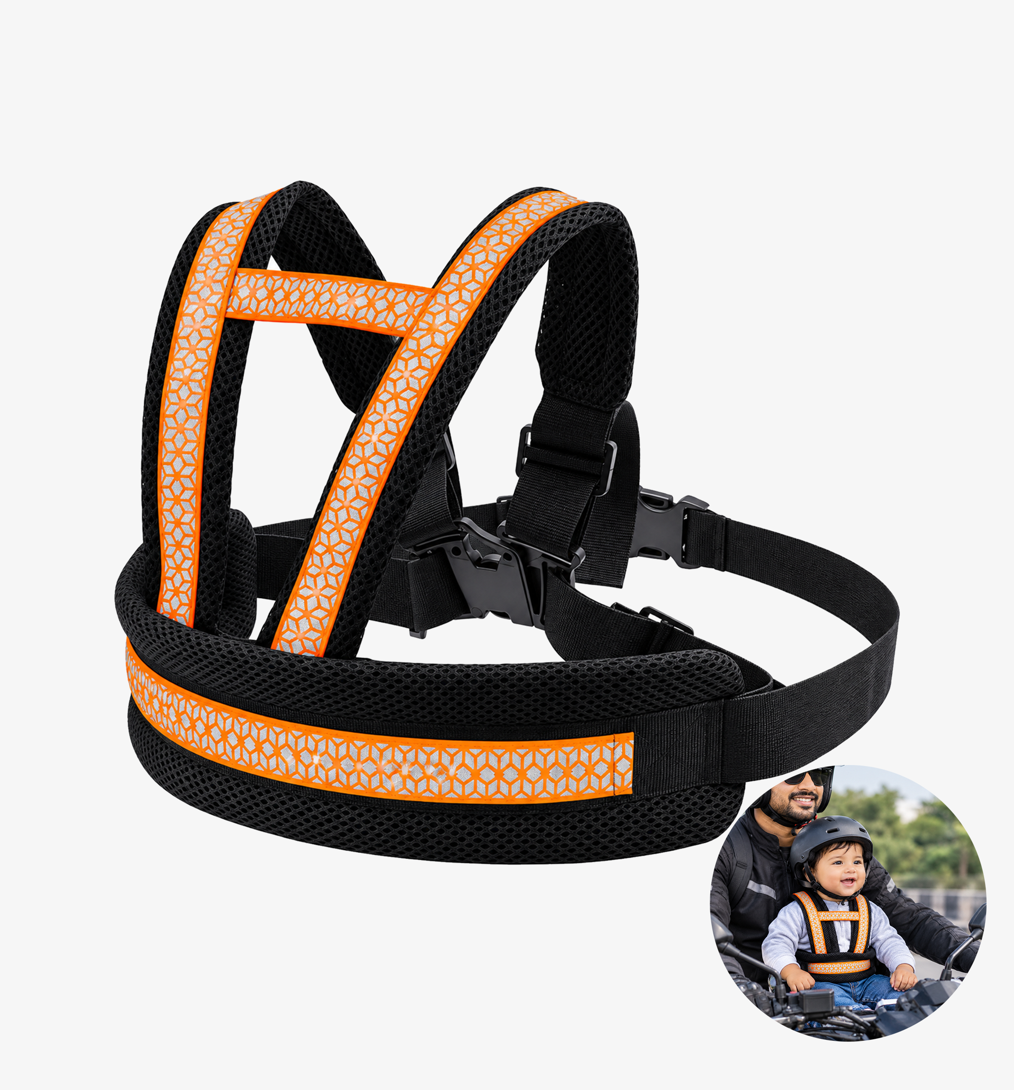 Black and orange breathable mesh baby motorcycle safety belt with reflective strips and secure buckles.