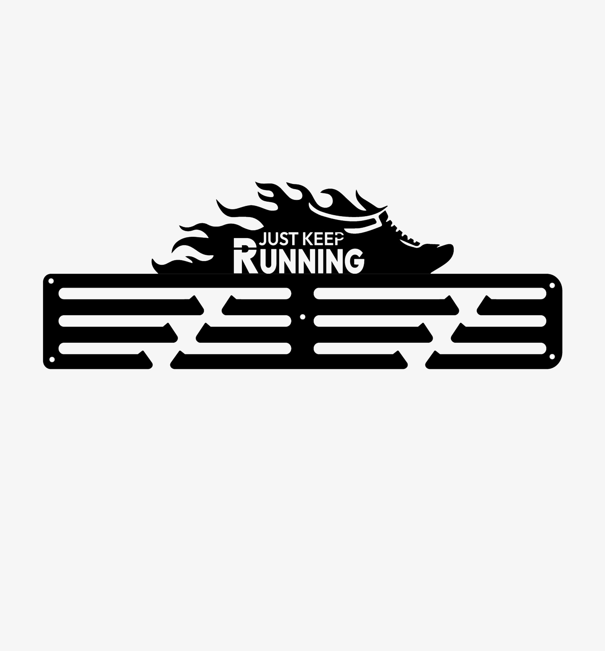 Front cutout view of a black metal "Just Keep Running" medal hanger featuring a 3-tier hanging rack and a flaming running shoe design.