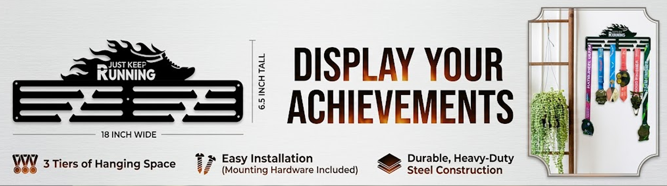Front cutout view of a black metal "Just Keep Running" medal hanger featuring a 3-tier hanging rack and a flaming running shoe design.