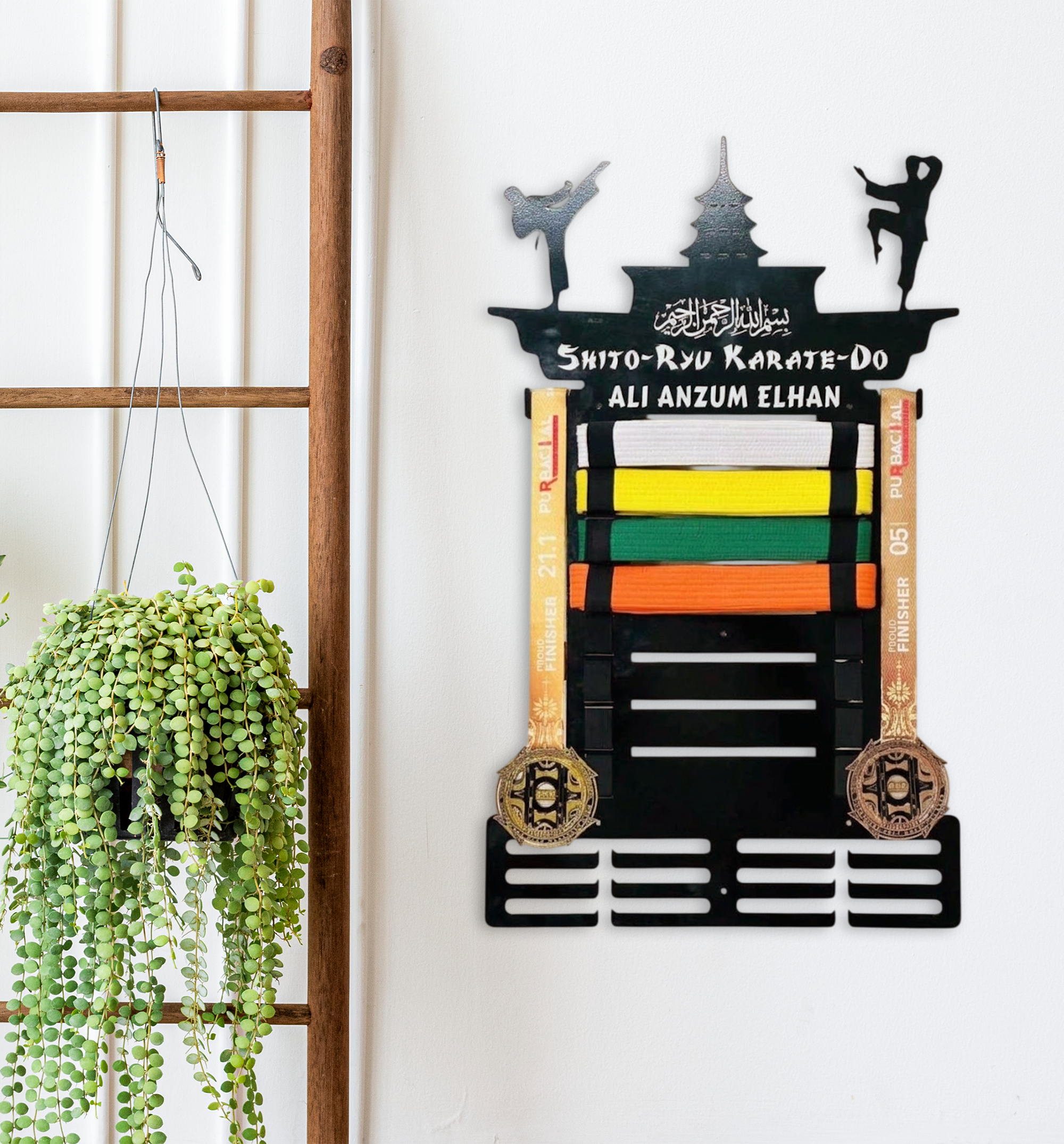 Customized Shito-Ryu Karate-Do belt and medal hanger rack displayed on wall with dimensions 15x24 inches