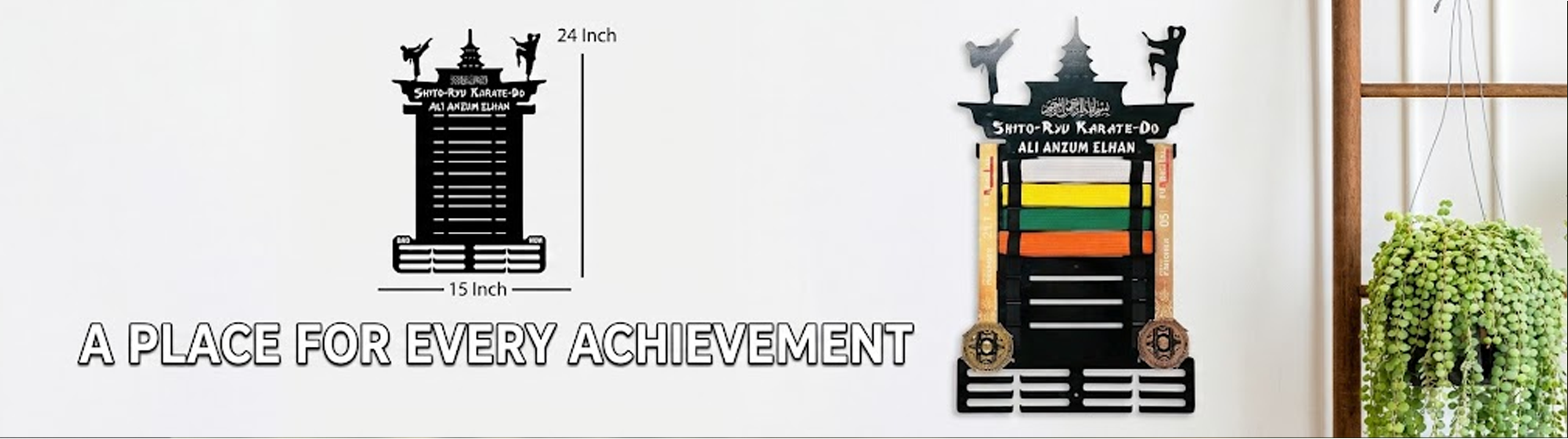 Customized Shito-Ryu Karate-Do belt and medal hanger rack displayed on wall with dimensions 15x24 inches