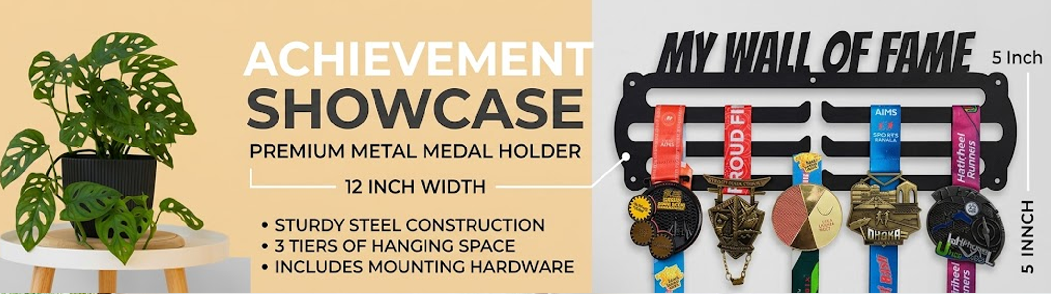 E-commerce banner for MY WALL OF FAME premium metal medal holder with product specifications and key features.