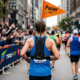TRIO-Fit adjustable marathon pacer flag harness with orange running pacer flag.