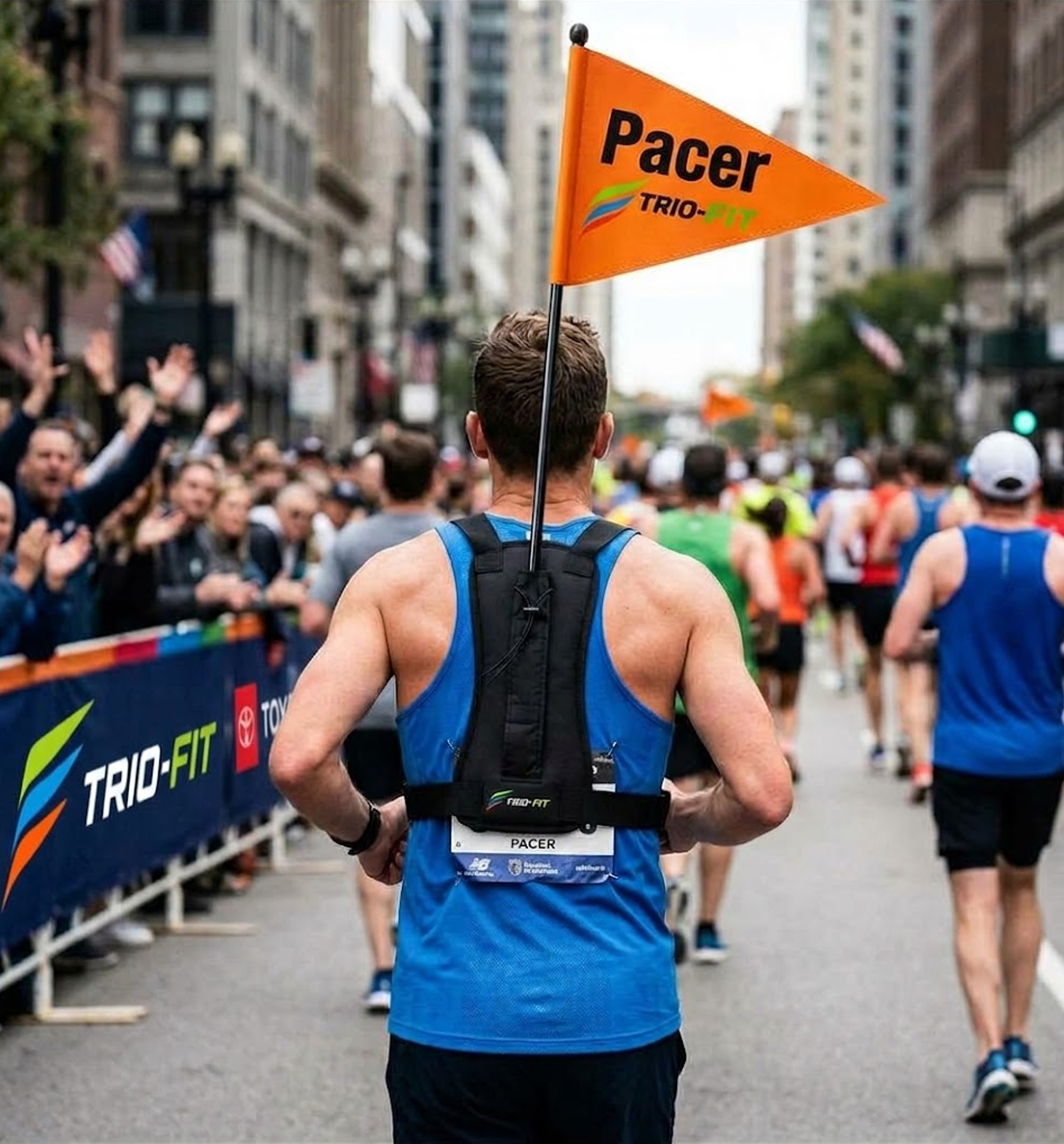 TRIO-Fit adjustable marathon pacer flag harness with orange running pacer flag.