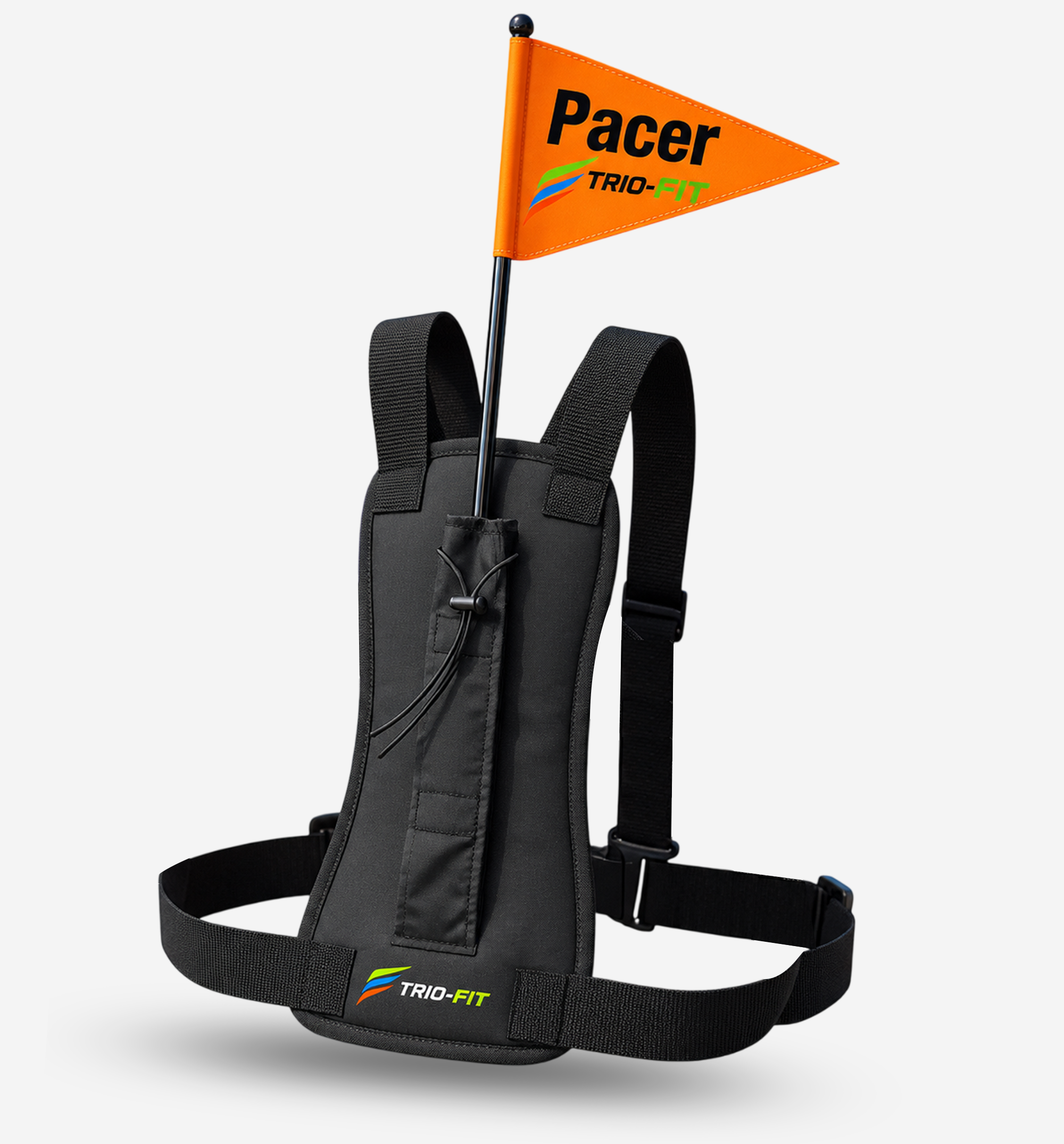 TRIO-Fit adjustable marathon pacer flag harness with orange running pacer flag.