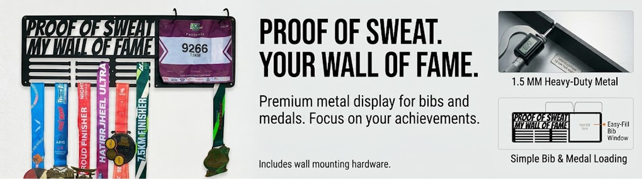 Black metal medal and race bib display hanger mounted on wall holding running medals and bib number