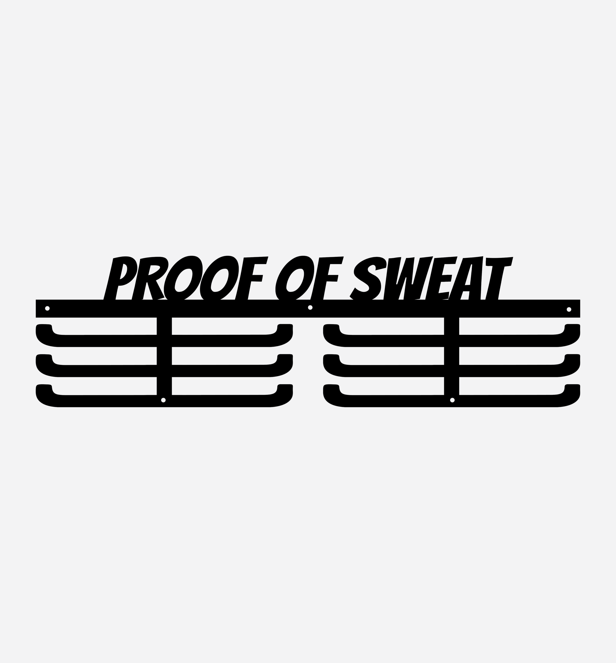 Proof of Sweat black metal medal hanger display unit showing 18 inch width and 5 inch height dimensions