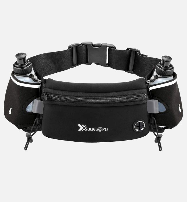 Running belt with water bottle, hands-free hydration for jogging and marathon training