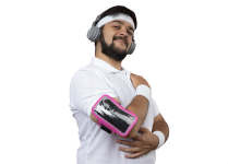 pleased-young-sporty-man-wearing-headband-wristband-with-headphones-phone-arm-band-isolated-pink-wall