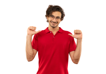 young-smiling-man-red-shirt-with-optical-glasses-points-himself-isolated-orange-wall